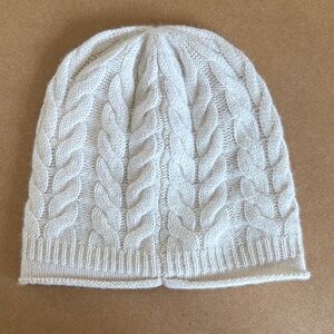 100% Cashmere Cable Knit Beanie Hat Neutral Minimalist Rolled Hem Quiet Luxury